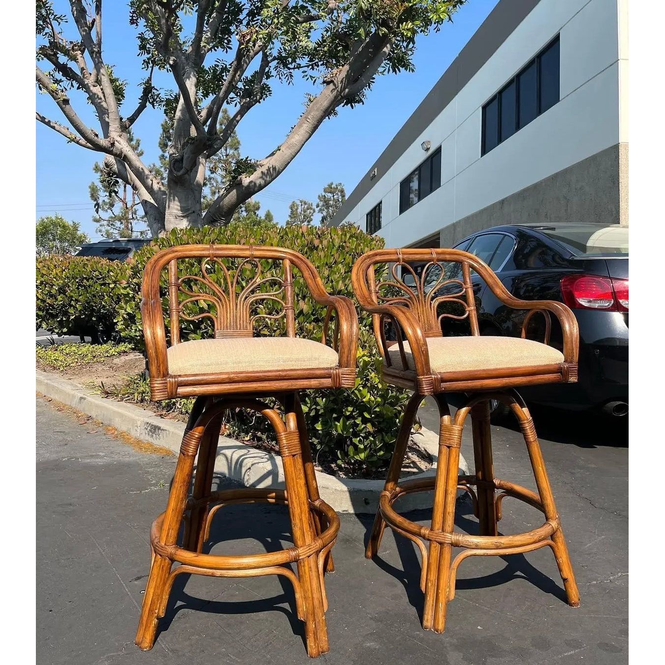 Vintage Boho Bamboo Swivel Chairs