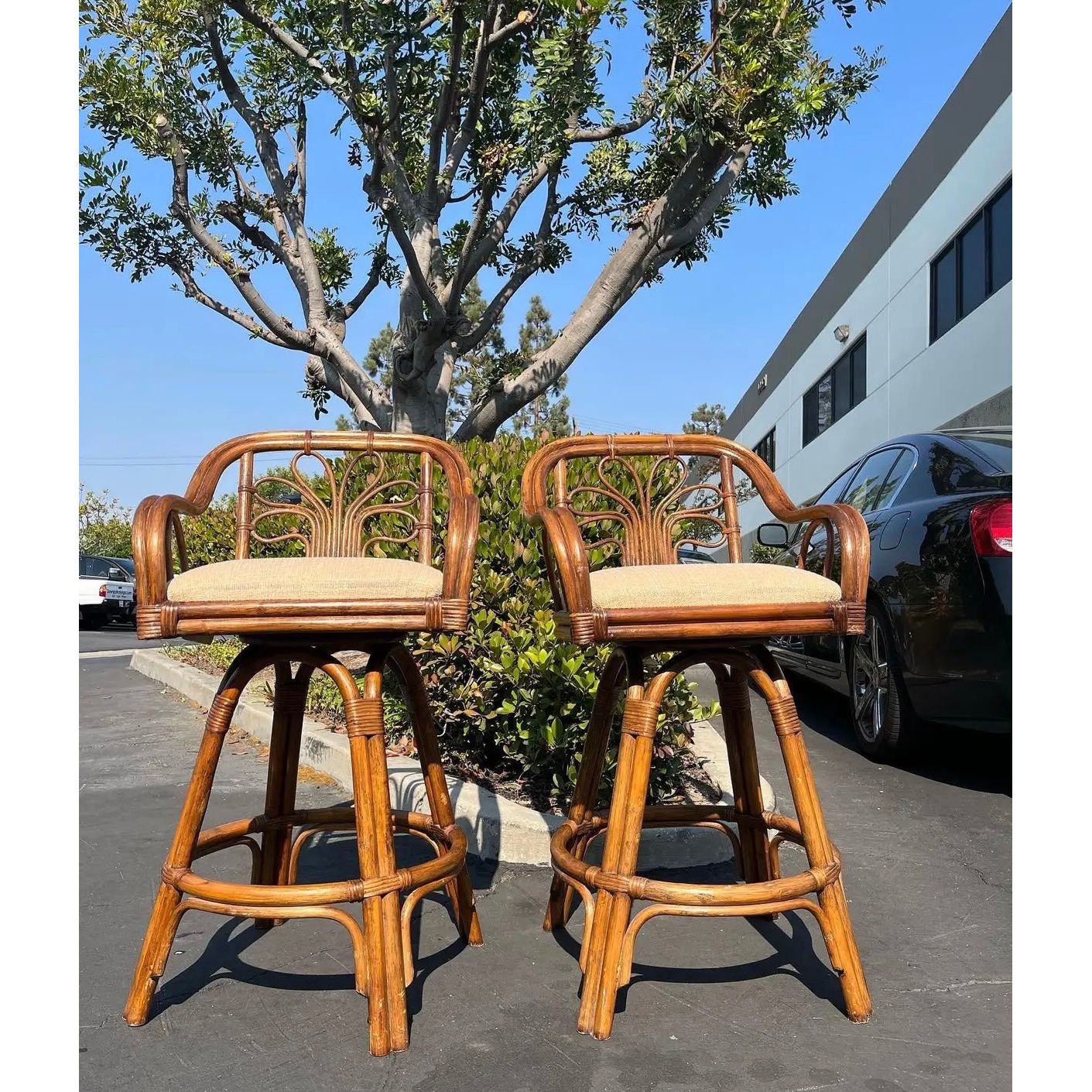 Vintage Boho Bamboo Swivel Chairs